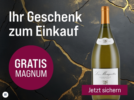 Silkes Weinkeller Weinaktion mit dem Slogan "Nur für kurze Zeit! Ihr Geschenk zum Einkauf". Dunkelgrau-gold marmorierter Hintergrund, rechts eine Flasche Wein. Hinweis auf "Gratis Magnum". Unten Button "Jetzt sichern". | KI-generiert