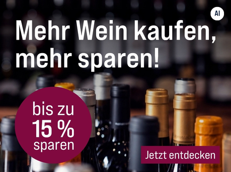 Silkes Weinkeller Weinaktion mit dem Slogan "Rabattstaffel-Aktion. Mehr Wein kaufen, mehr sparen!". Hinweis auf "bis zu 15 % sparen". Hinweis auf "ab 99 € 5 % Rabatt", "ab 129 € 10 % Rabatt" und "ab 179 € 15 % Rabatt". Unten Button "Jetzt sichern". | KI-generiert