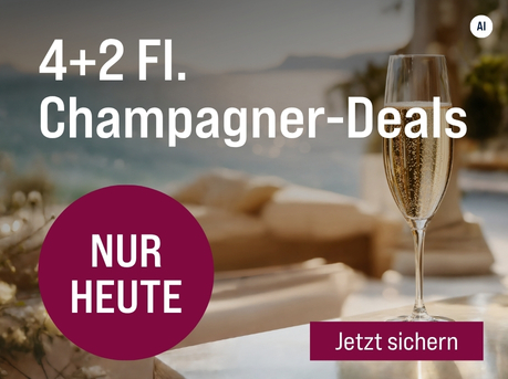 Silkes Weinkeller Weinaktion mit dem Slogan "Top-Champagner zum Vorteilspreis. 4+2 Fl. Champagner-Deal". Im Hintergrund ein Pool und das Meer, vorne ein Glas Champagner. Hinweis auf "Nur heute". Unten Button "Jetzt sichern". | KI-generiert