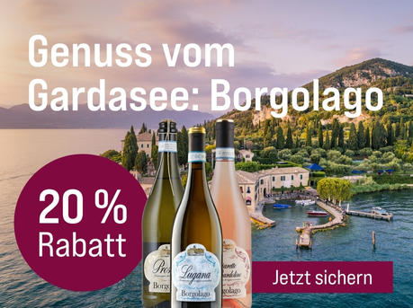 Silkes Weinkeller Weinaktion mit dem Slogan "Weingut des Monats. Genuss vom Gardasee: Borgolago". Im Hintergrund eine kleine italienische Inselstadt. Hinweis auf "20 % Rabatt". Hinweis auf "450 Jahre Jubiläum". Unten Button "Jetzt sichern".