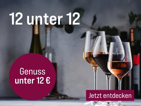 Silkes Weinkeller Weinaktion mit dem Slogan "TOP Weine zum besten Preis. 12 unter 12". Im Hintergrund mehrere Flaschen Wein, rechts drei Weingläser mit diversen Weinen geüllt. Hinweis auf "Genuss unter 12 €". Unten Button "Jetzt entdecken".