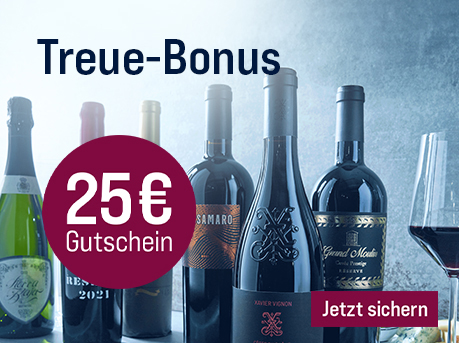 Silkes Weinkeller Weinaktion mit dem Slogan "Wir sagen Danke! Treue-Bonus". Im Hintergrund mehrere Flaschen Wein und ein Glas Rotwein. Hinweis auf "25 € Gutschein". Unten Button "Jetzt sichern".