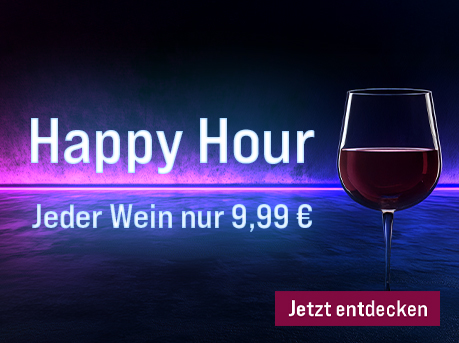 Silkes Weinkeller Weinaktion mit dem Slogan "Happy Hour. Jeder Wein nur 9,99 €". Blau-lilafarbener Hintergrund, davor ein Glas Rotwein. Unten Button "Jetzt entdecken".