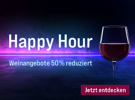 Silkes Weinkeller Weinaktion mit dem Slogan "Happy Hour. Jeder Wein nur 24,90 €". Blau-lilafarbener Hintergrund, davor ein Glas Rotwein. Unten Button "Jetzt entdecken".
