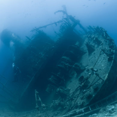 Schiffswrack und Taucher zeigen die Tiefe des Meeres. Das Bild ist klickbar und navigiert zum Artikel.