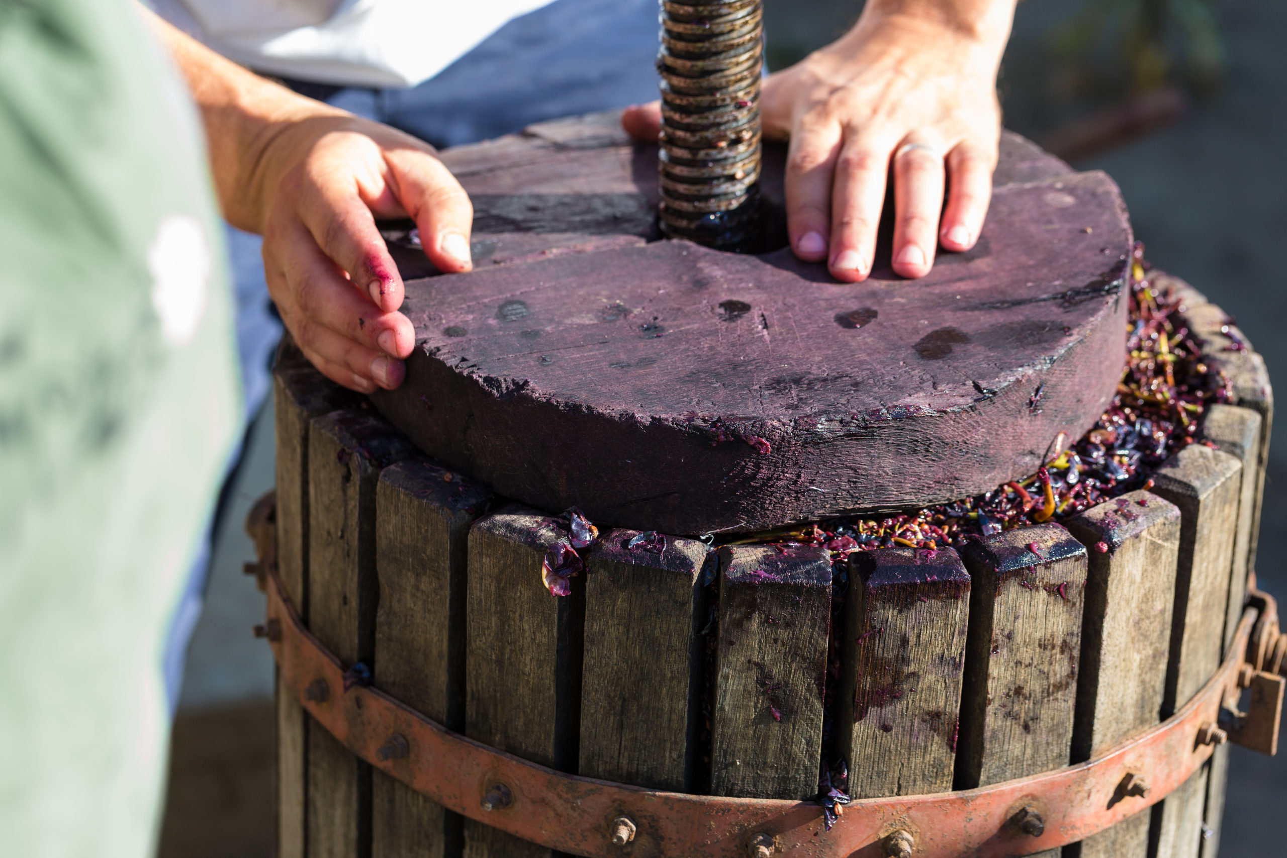 Weingeschichte: Person an einer Weinpresse | Silkes Weinkeller