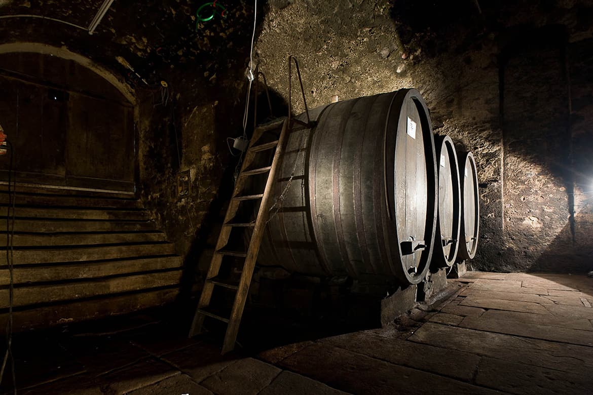 Drei Weinfässer und Leiter in Keller