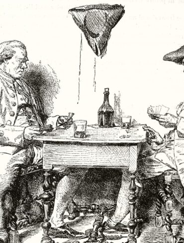 Skizze von einer mittelalterlichen Szene, zwei Männer spielen Karten und trinken Wein