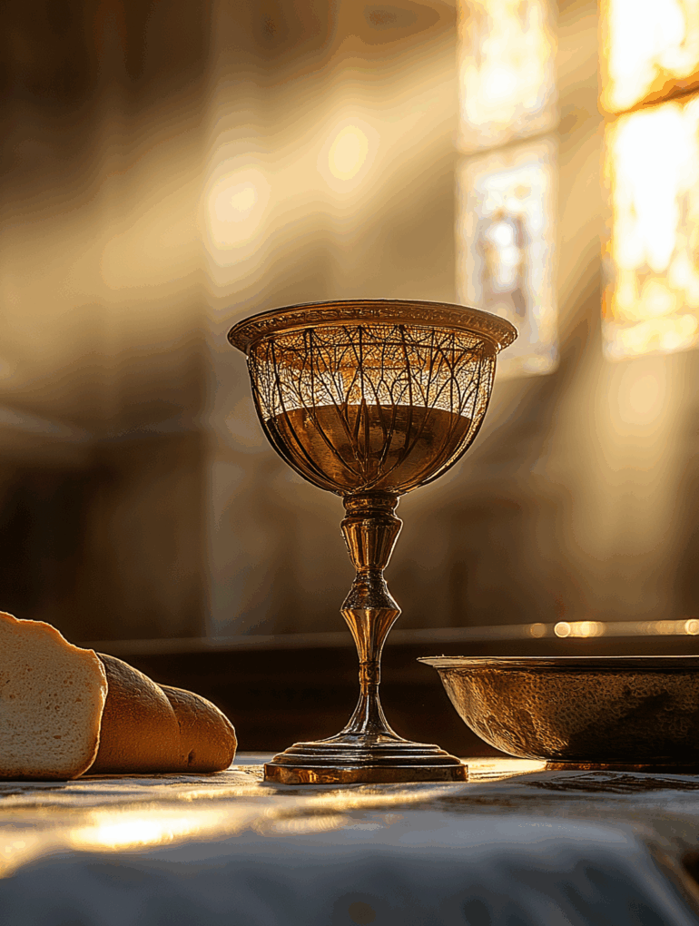Goldener Messkelch mit Wein, Brot und Schale auf einem Altar im Vatikan, beleuchtet von Sonnenstrahlen durch bunte Kirchenfenster.