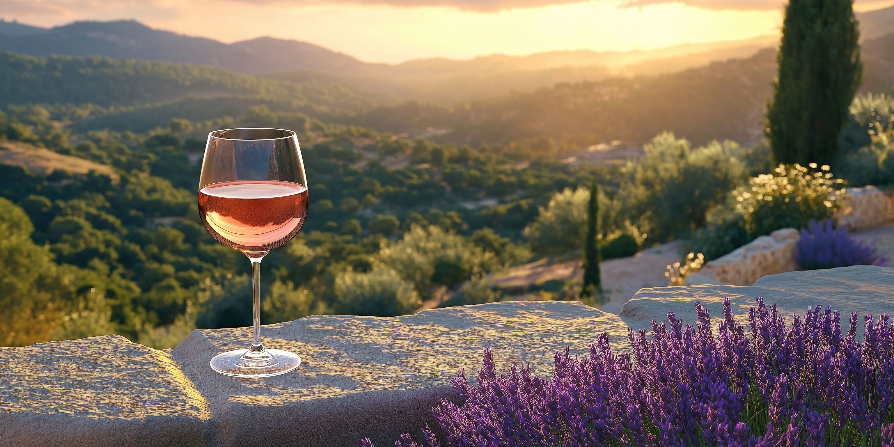 „Ein Glas Roséwein steht auf einer Steinmauer mit Blick auf eine idyllische mediterrane Landschaft bei Sonnenuntergang – ein symbolisches Motiv für Weine von Prominenten, die Genuss und Lifestyle vereinen.“