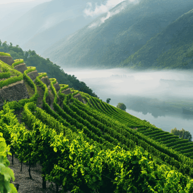 Ein Österreichischer Weinberg in der Wachau der von Nebelschwarten und der Berglandschaft umgeben ist.