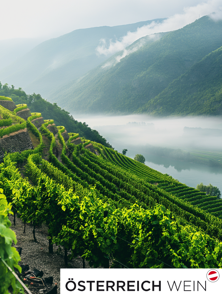 Ein Österreichischer Weinberg in der Wachau der von Nebelschwarten und der Berglandschaft umgeben ist.