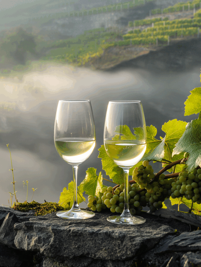 KV 1 Koryphaeen des Weinbaus Eine Weinreben und zwei Gläser Weißwein welche die Handschrift der Region wieder spiegeln