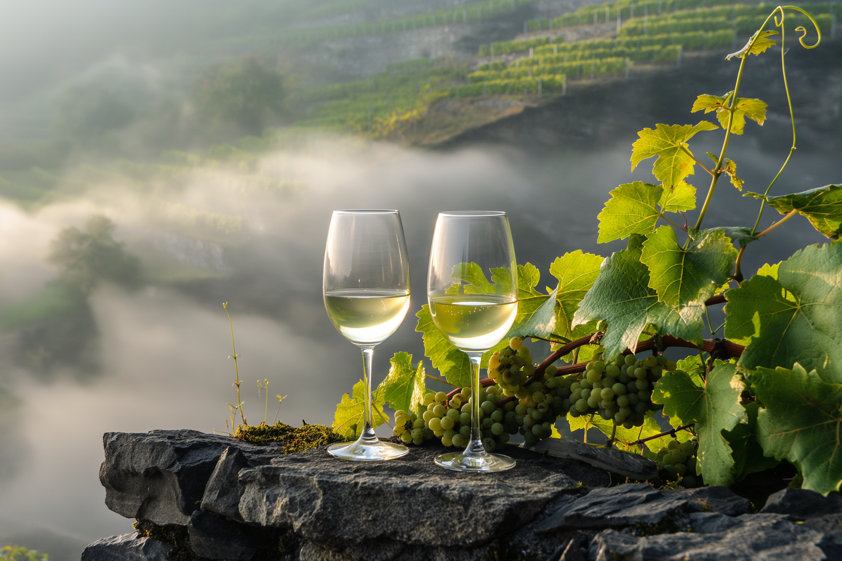 Eine Weinreben und zwei Gläser Weißwein welche die Handschrift der Region wieder spiegeln