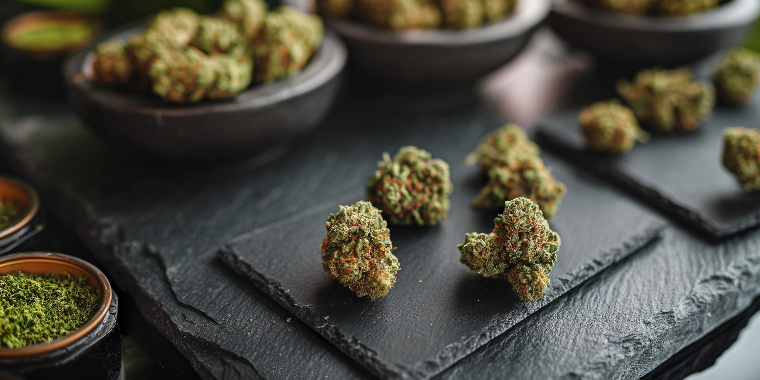 Nahaufnahme von Cannabis-Blüten, die auf dunklen Steinplatten arrangiert sind, umgeben von Schalen mit gemahlenem Cannabis.