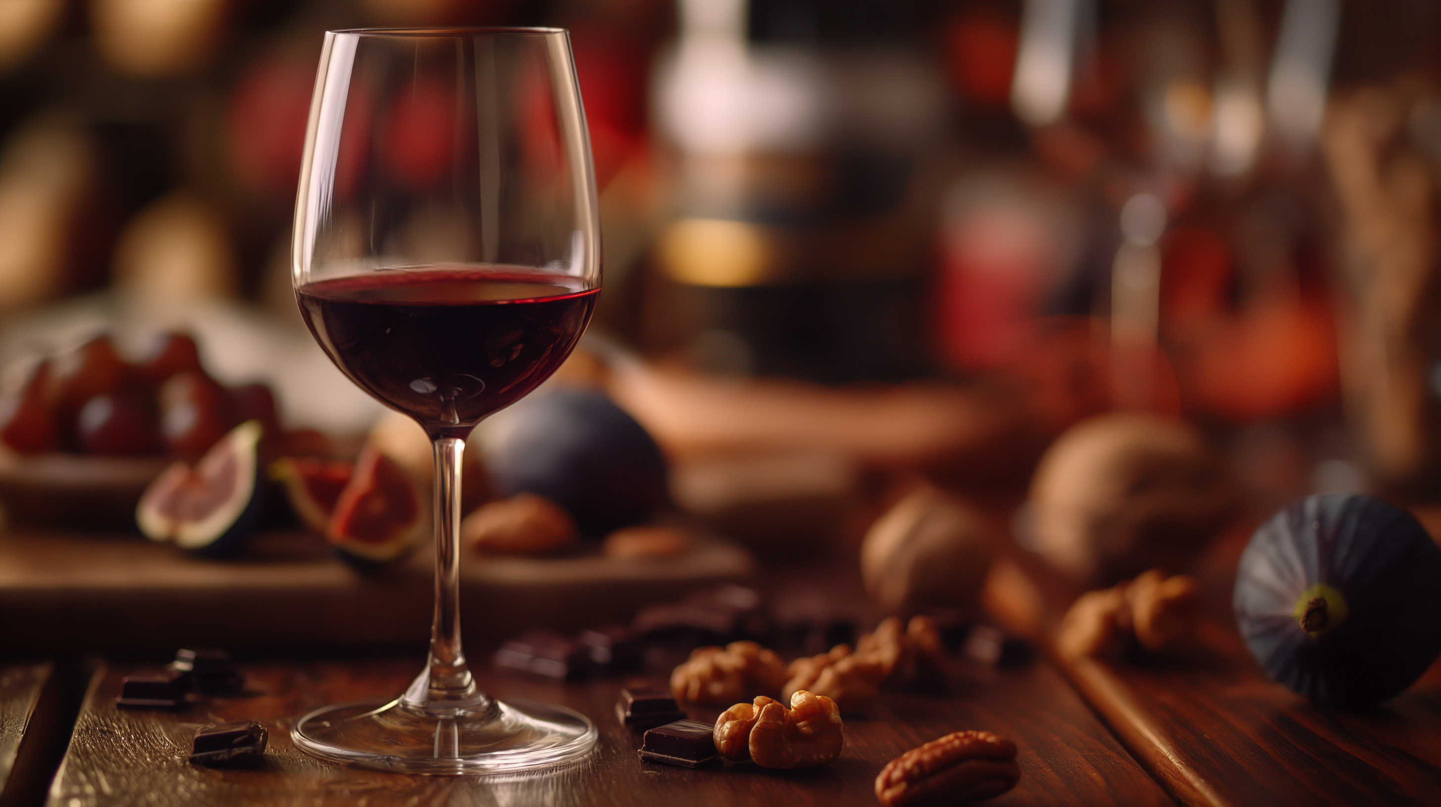 Ein Glas roter Portwein auf einem Holztisch mit Feigen, Nüssen und dunkler Schokolade.