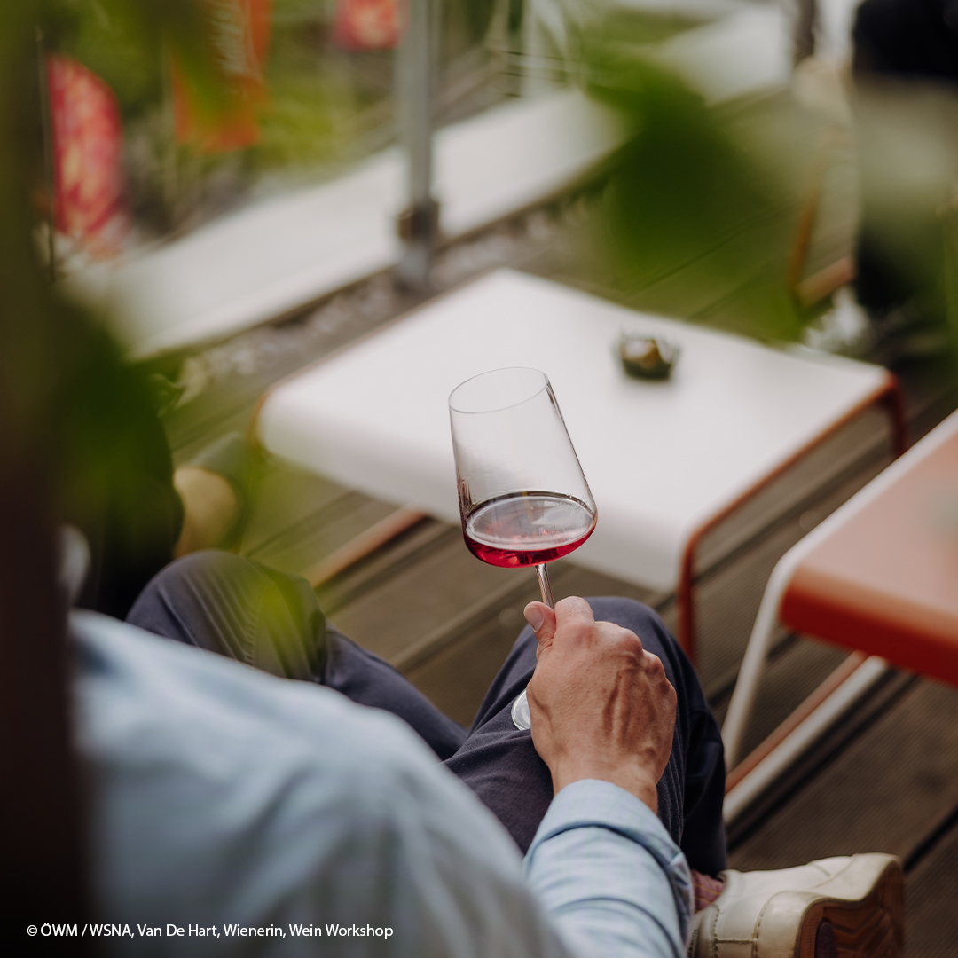swk blogbeitrag oesterreich wein 1080x1080 1 Österreich Weine entdecken: Person sitzt auf einer Terrasse und hält ein Glas Roséwein, im Hintergrund unscharfe Pflanzen, ein weißer Tisch und rote Fahnen. | KI-generiert